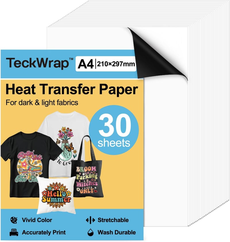 TECKWRAP Printable Heat Transfer Paper for T-Shirts 30 Sheets, 8.3" X 11.7" Printable Heat Transfer Vinyl for Inkjet Printer, Iron on Transfer Paper for Light and Dark Fabric (Matte) - Image 1